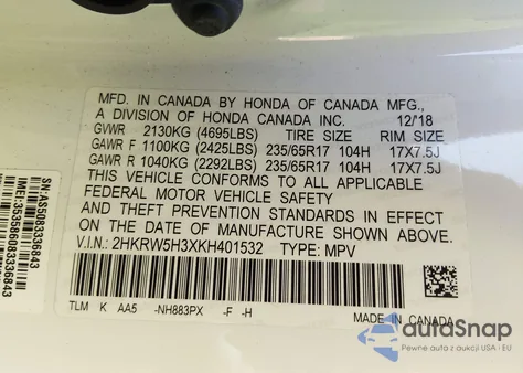 2019 Honda Cr-V Lx z USA, uszkodzony, nr VIN 2HKRW5H3XKH401532